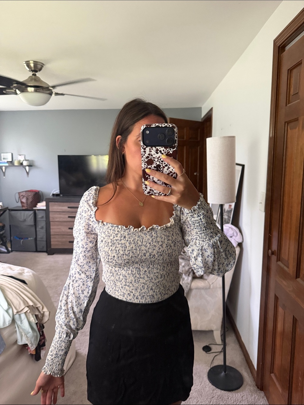 Reformation White and Blue Smocked Floral Square-Neck Top